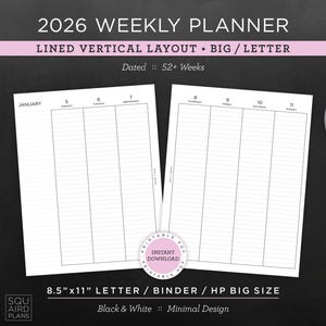 May include: A 2026 weekly planner with a lined vertical layout, featuring a minimalist black and white design. The planner is dated for 52+ weeks and is 8.5" x 11" in size. Includes a cup of coffee, decorative tape, and paper clips.