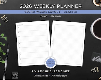 May include: A 2026 weekly planner with a Techo Weeks layout. The planner is open to display the interior pages, which are white with a grid pattern. The text on the image reads "7" x 9.25" HP Classic Size".