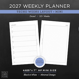Könnte beinhalten: Ein wöchentlicher Planer für 2027 mit Techo Weeks Layout im HP Mini-Format von 11,75 cm x 17,78 cm. Das druckbare PDF bietet ein schwarz-weißes Rasterdesign mit datierten Seiten für 52 Wochen, inklusive einer Januar-Ansicht und einer leeren Rasterseite.