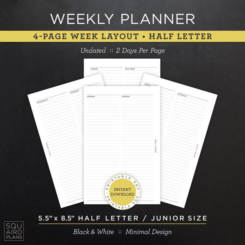 Undated Weekly Planner Printable • 4-page Week Layout • 5.5
