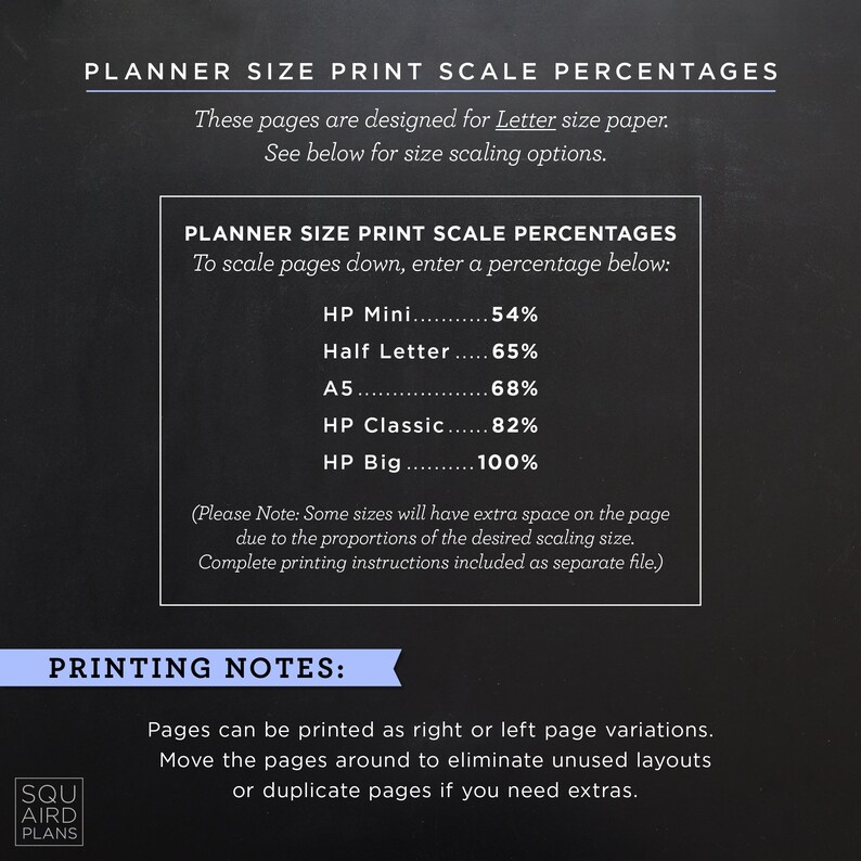 Pu&ograve; includere: Lavagna nera con testo bianco che spiega come stampare le pagine del planner in diverse dimensioni. Il testo include quanto segue: "Planner Size Print Scale Percentages", "Per ridimensionare le pagine, inserire una percentuale di seguito:", "HP Mini", "Half Letter", "A5", "HP Classic", "HP Big", "(Nota: Alcune dimensioni avranno spazio extra sulla pagina a causa delle proporzioni della dimensione di scala desiderata. Le istruzioni di stampa complete sono incluse in un file separato.)", "Note di stampa:", "Le pagine possono essere stampate come varianti di pagina destra o sinistra. Sposta le pagine per eliminare i layout non utilizzati o duplica le pagine se hai bisogno di extra."