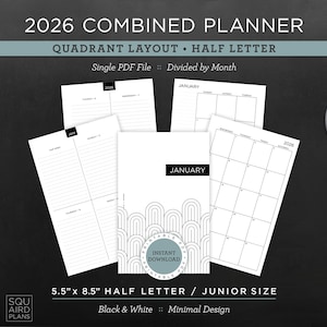 Puede incluir: Un planificador combinado 2026 en blanco y negro con diseño de cuadrante y tamaño media carta. El planificador incluye calendarios mensuales y diseños semanales. El texto "Enero" es visible en una página. El planificador mide 14 x 21,6 cm.