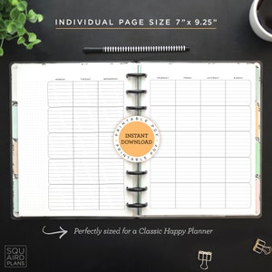 May include: Printable planner page template for a classic happy planner. The page is divided into seven columns for each day of the week, with a dotted grid background. The page is 7 inches by 9.25 inches.