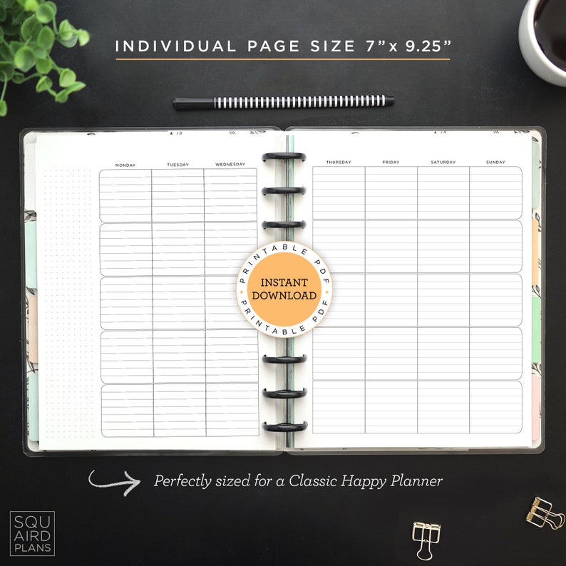 May include: Printable planner page template for a classic happy planner. The page is divided into seven columns for each day of the week, with a dotted grid background. The page is 7 inches by 9.25 inches.