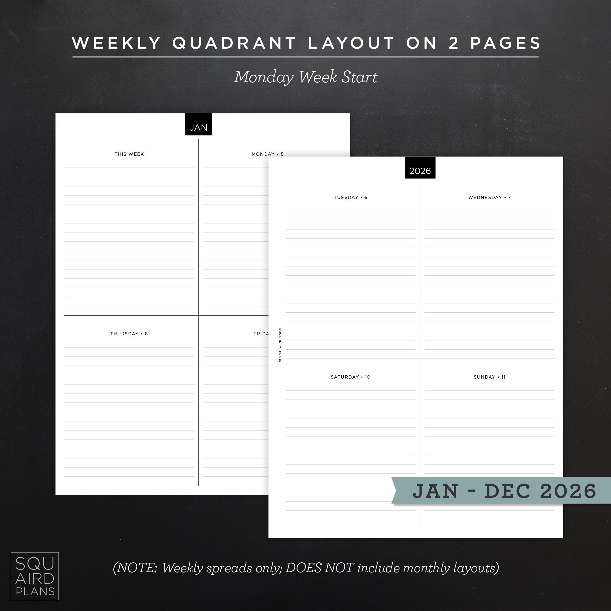 2026 Weekly Planner Printable • Quadrant Layout • 8.5"x11" Letter ...