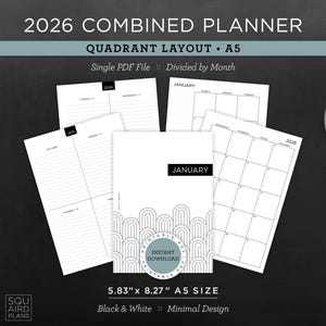 Puede incluir: Un planificador combinado 2026 en blanco y negro con diseño de cuadrante, tamaño A5 y diseño minimalista. El planificador incluye calendarios mensuales y diseños semanales. La imagen también muestra una taza de café, artículos de papelería y el texto "DESCARGA INSTANTÁNEA". El planificador mide 14,8 cm x 21 cm.