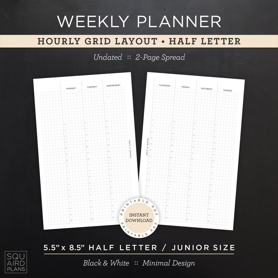 Undated Weekly Planner Printable • Hourly Grid Layout • 5.5" X 8.5 ...