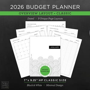 May include: A 2026 budget planner with an overview layout and classic design. The planner includes 9 unique page layouts and is 17.78cm x 23.5cm in size. The design is black and white with a minimal design aesthetic. The word "January" is visible.
