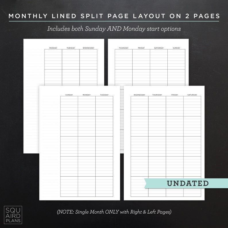 Undated Monthly Planner Printable • Lined Split Page Layout • 5.83