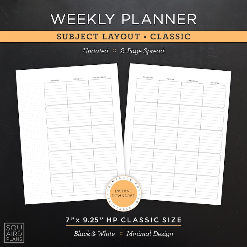 May include: A black and white printable weekly planner with a classic subject layout. The planner is undated and has a two-page spread. It is 7 inches by 9.25 inches and is designed for HP Classic size paper.