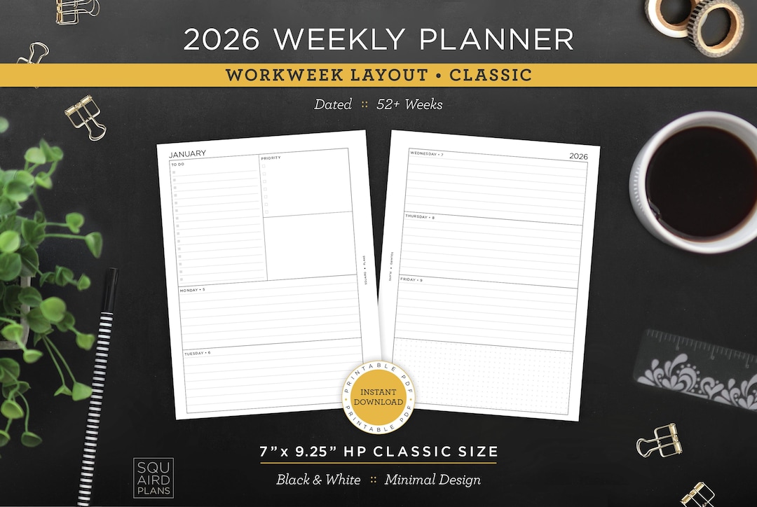2026 Weekly Planner Printable • Workweek Layout • 7" X 9.25" HP Classic ...