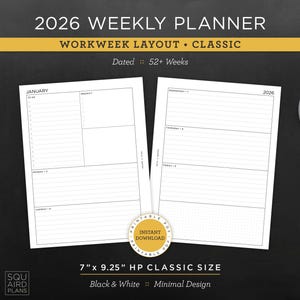 May include: A black and white 2026 weekly planner with a workweek layout. The planner is dated for 52+ weeks and is 17.78cm x 23.5cm in size. The design is minimal, with the text "2026 Weekly Planner" at the top.