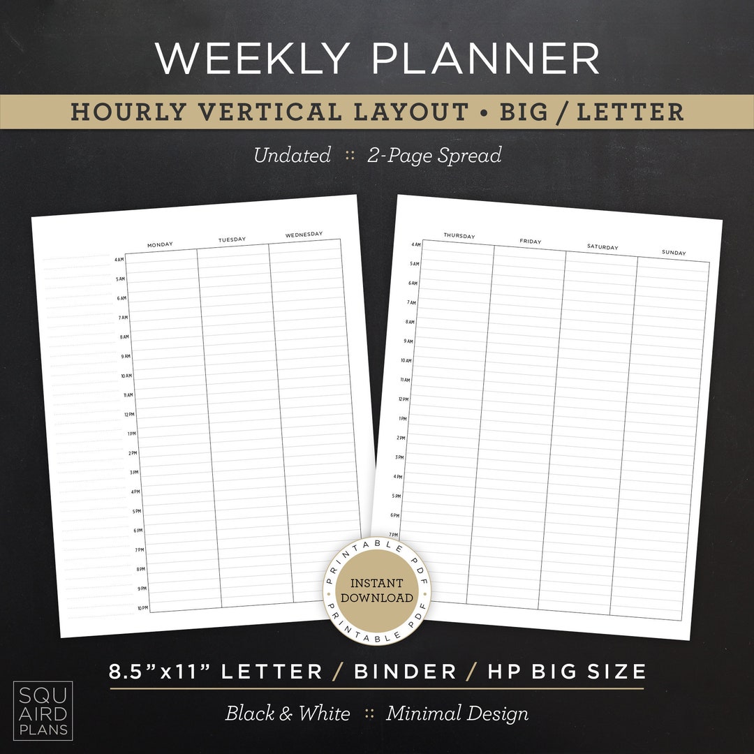 Undated Weekly Planner Printable • Hourly Vertical Layout • 8.5"x11 ...