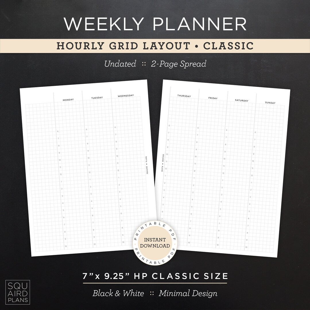 Undated Weekly Planner Printable • Hourly Grid Layout • 7" X 9.25" HP ...