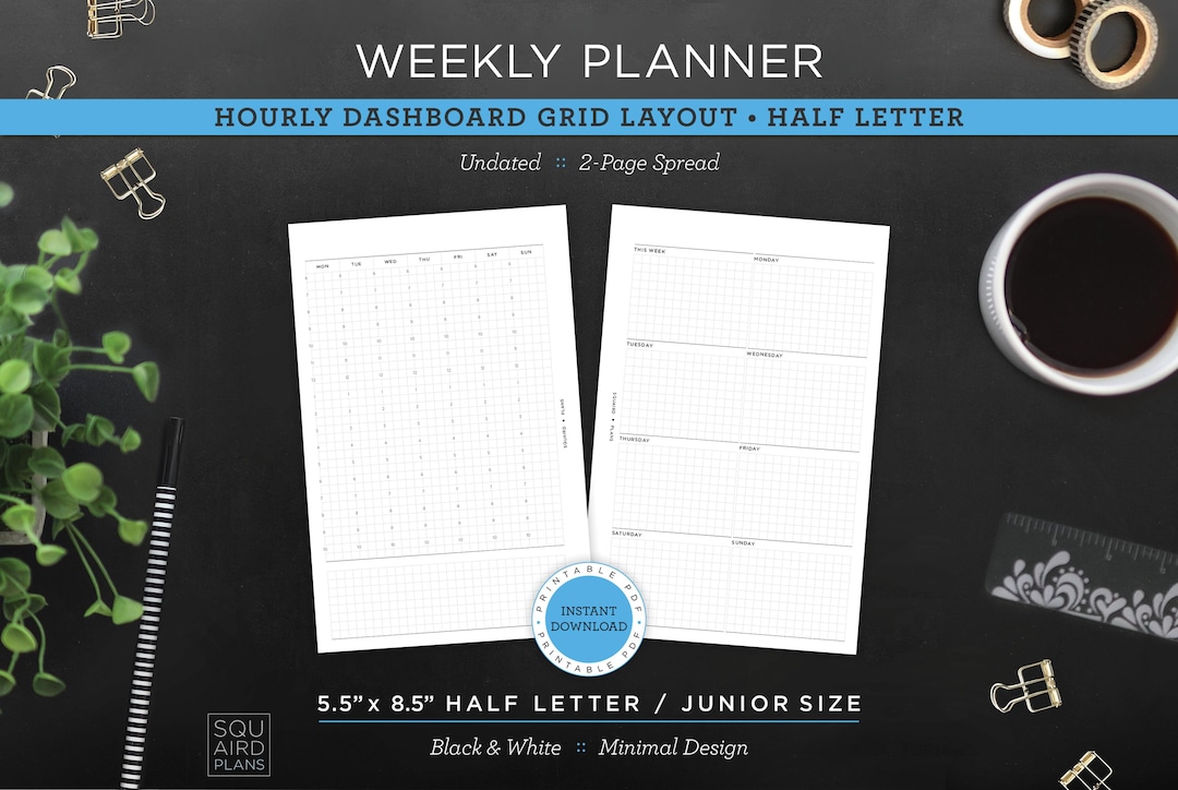 Undated Weekly Planner Printable • Hourly Dashboard Grid Layout • 5.5 ...