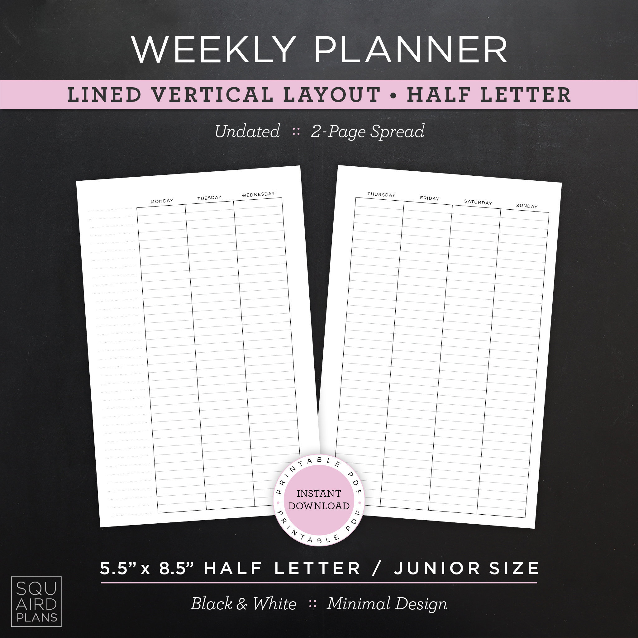Undated Weekly Planner Printable • Lined Vertical Layout • 5.5" X 8.5 ...