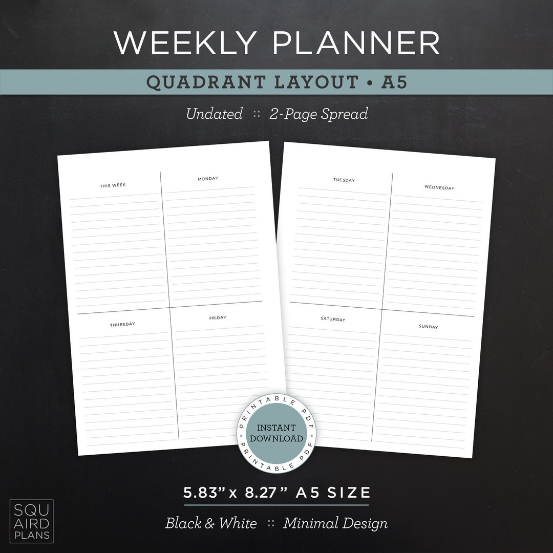 Undated Weekly Planner Printable • Quadrant Layout • 5.83" X 8.27" A5 ...