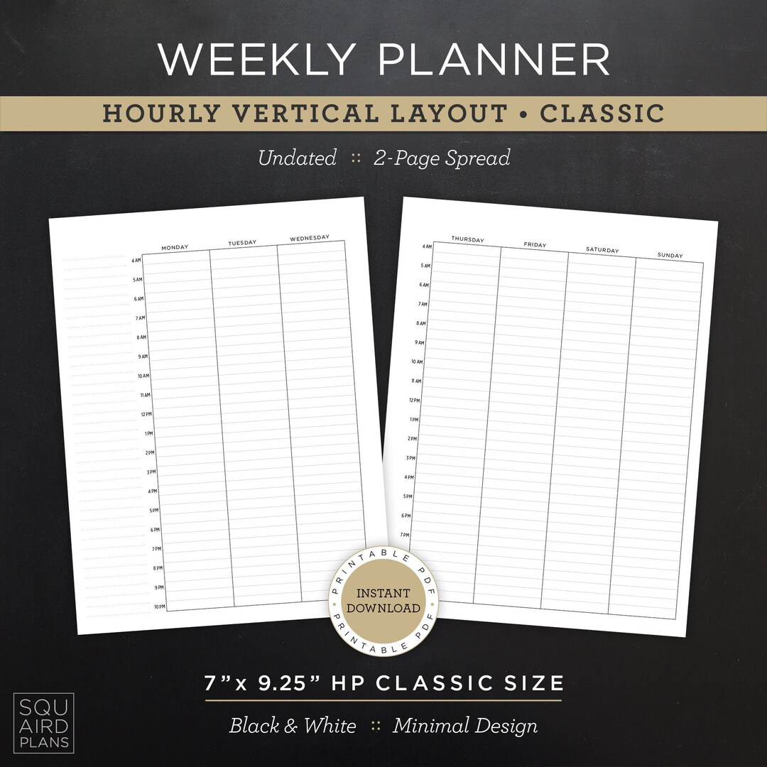 Undated Weekly Planner Printable • Hourly Vertical Layout • 7" X 9.25 ...