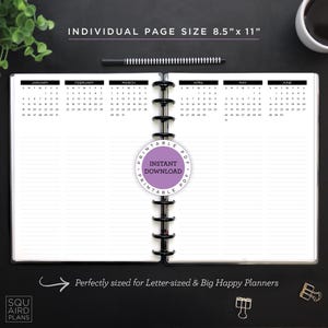 May include: A black and white planner with a spiral binding, open to display the first six months of the year. The planner pages are lined with a calendar at the top of each page. Text includes "INDIVIDUAL PAGE SIZE 8.5" x 11"" and "INSTANT DOWNLOAD".