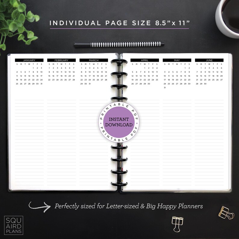 May include: A black and white planner with a spiral binding, open to display the first six months of the year. The planner pages are lined with a calendar at the top of each page. Text includes "INDIVIDUAL PAGE SIZE 8.5" x 11"" and "INSTANT DOWNLOAD".