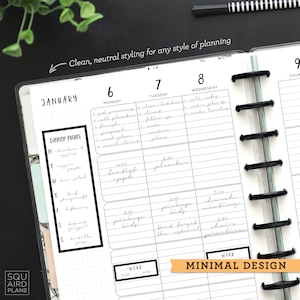 May include: A close-up of a weekly planner with a black and white minimal design. The planner is open to the week of January 6th through the 8th. The planner has a section for dinner plans and a section for work. The text "MINIMAL DESIGN" is printed in black on a white background.
