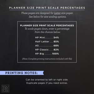 May include: A black chalkboard with white text explaining how to print planner pages at different sizes. The text includes the following sizes: HP Mini, Half Letter, A5, HP Classic, and HP Big. The percentages for each size are 54%, 65%, 68%, 82%, and 100%.