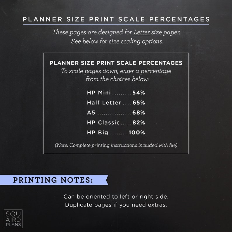 May include: A black chalkboard with white text explaining how to print planner pages at different sizes. The text includes the following sizes: HP Mini, Half Letter, A5, HP Classic, and HP Big. The percentages for each size are 54%, 65%, 68%, 82%, and 100%.