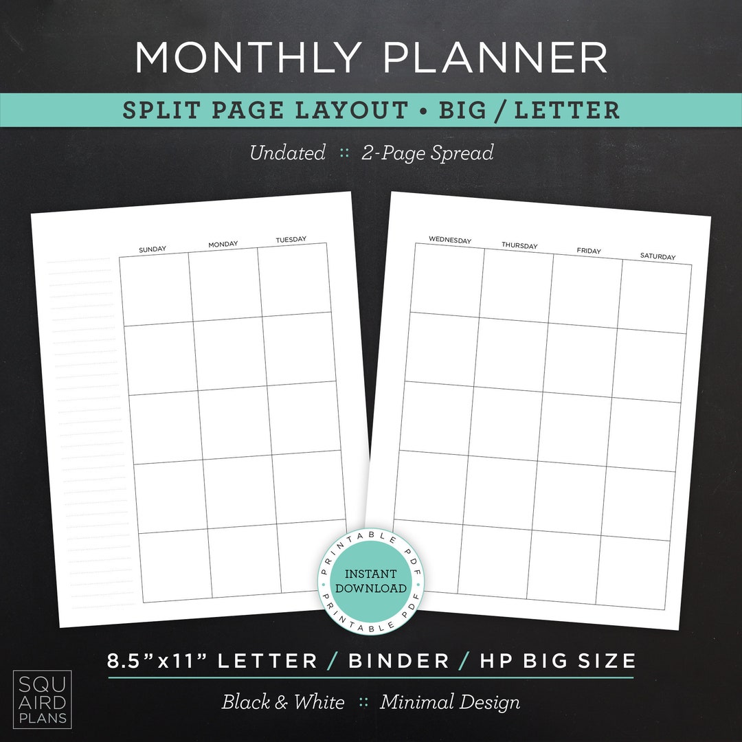 Undated Monthly Planner Printable • Split Page Layout • 8.5
