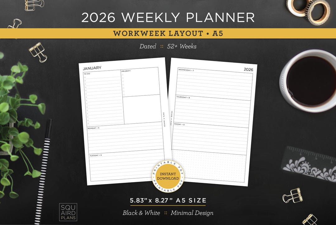 2026 Weekly Planner Printable • Workweek Layout • 5.83" X 8.27" A5 Size ...
