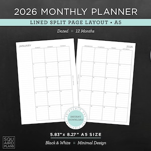 May include: A black and white 2026 monthly planner with a lined split page layout. The planner is A5 size, measuring 5.83" x 8.27". The design is minimal, with the text "2026 Monthly Planner" at the top.