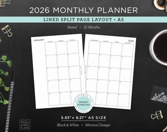 May include: A black and white 2026 monthly planner with a lined split page layout. The planner is A5 size, measuring 5.83" x 8.27". The design is minimal, with the text "2026 Monthly Planner" at the top.