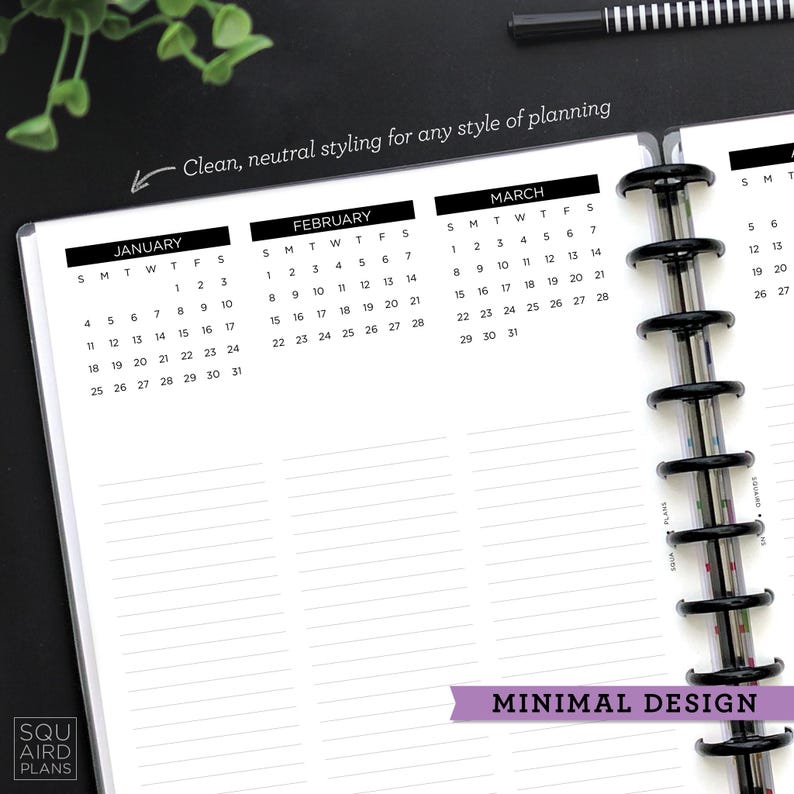 May include: A minimalist planner with a black and white design. The planner features monthly calendars for January, February, and March, with lined pages for notes. Text on the planner reads "Clean, neutral styling for any style of planning" and "Minimal Design."