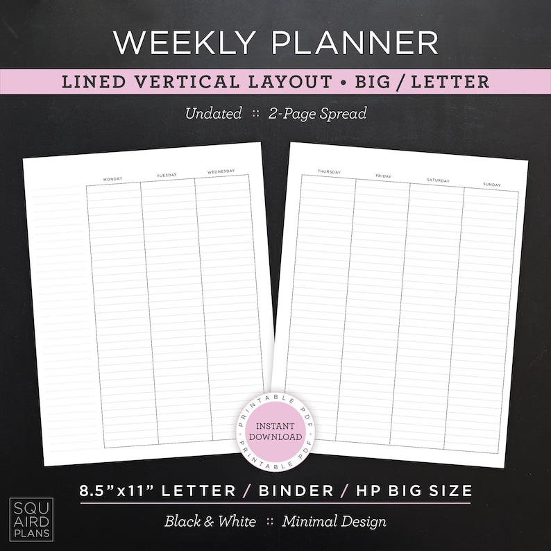 Undated Weekly Planner Printable • Lined Vertical Layout • 8.5"x11 ...