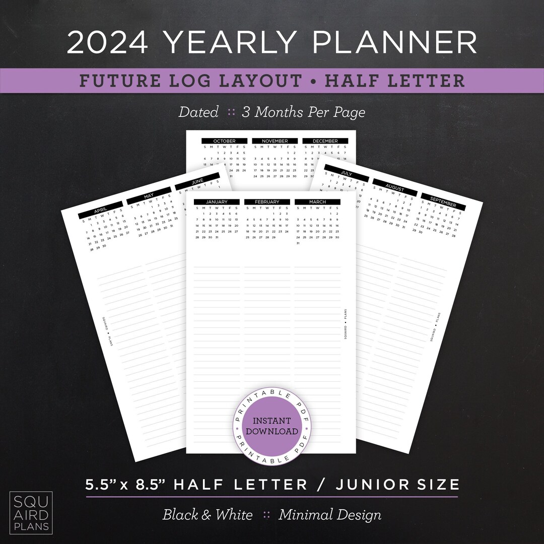 2024 Yearly Planner Printable Future Log Layout 5.5 X 8.5 Half Letter ...