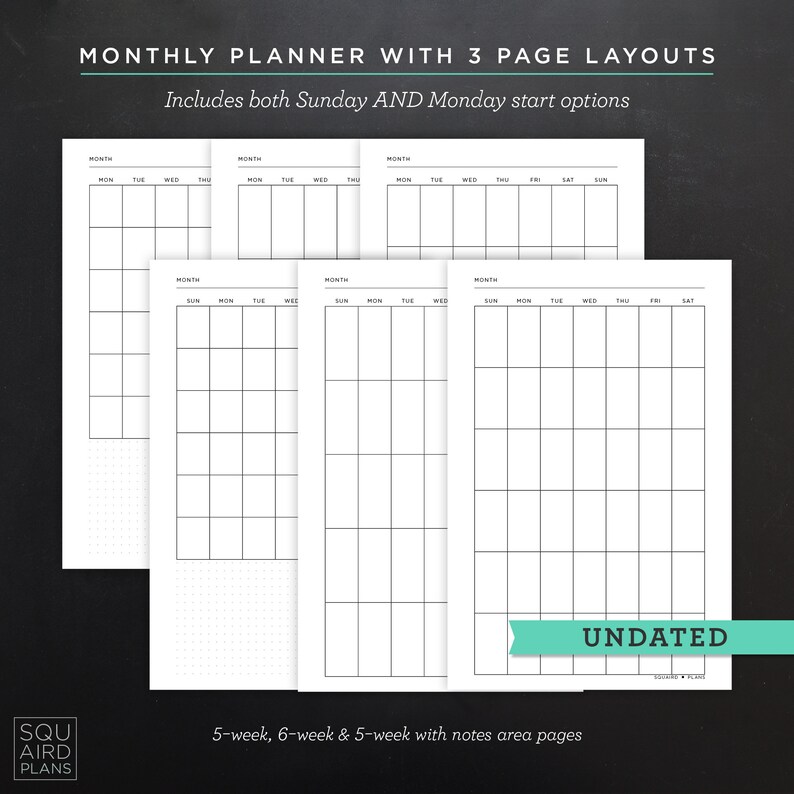 Undated Monthly Planner Printable • Single Page Layouts • 4.625" X 7 ...