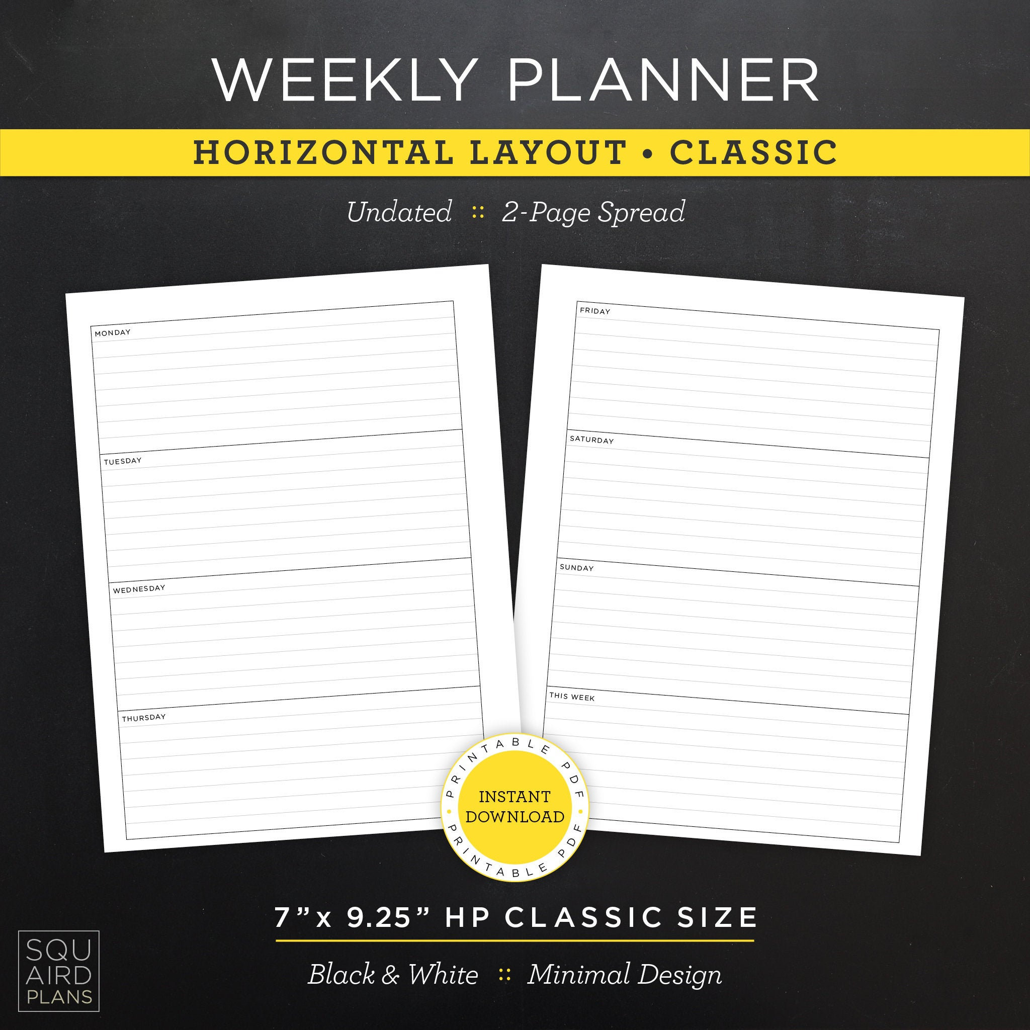 Undated Weekly Planner Printable • Horizontal Layout • 7" X 9.25" HP ...