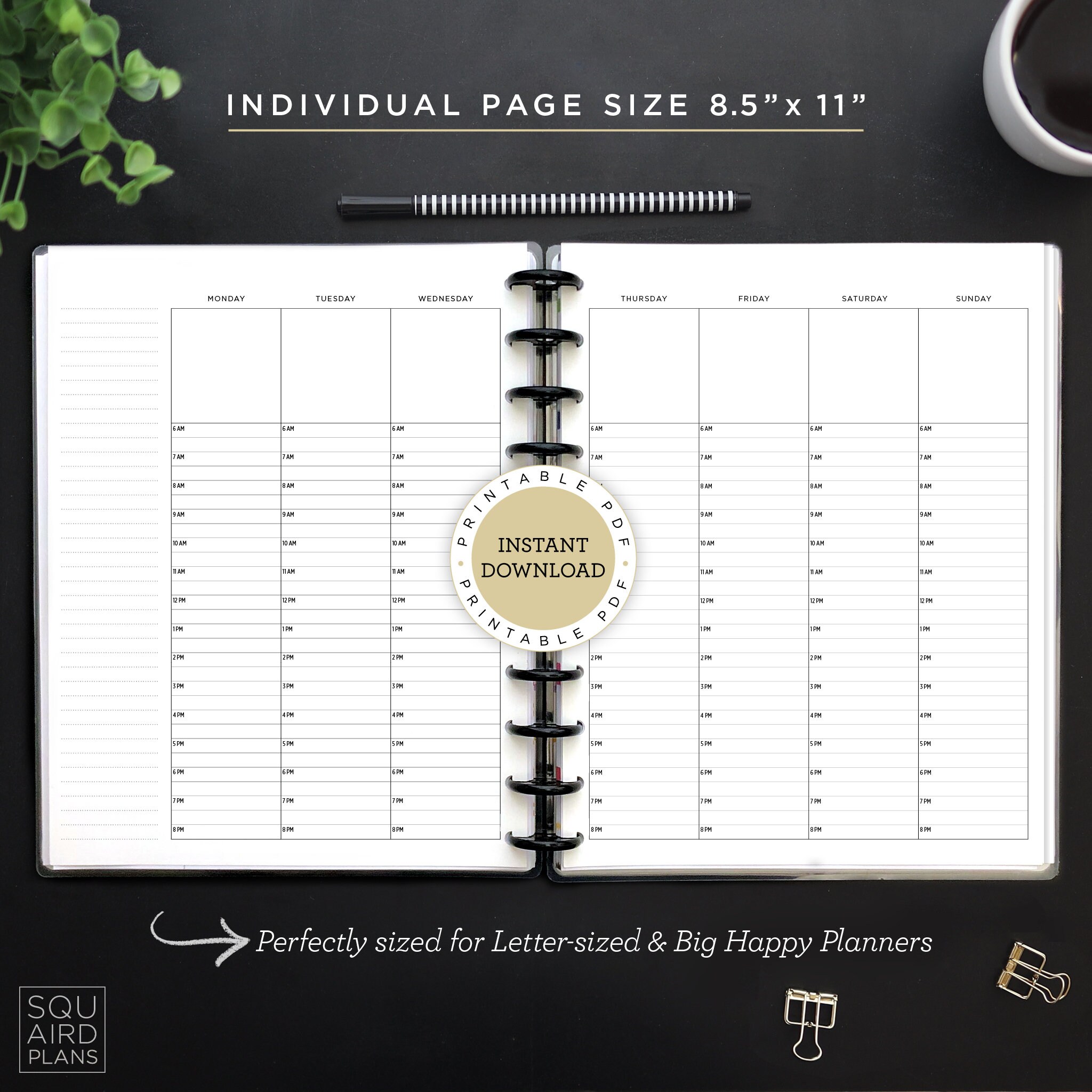 Undated Weekly Planner Printable • Hourly Top Box Layout • 8.5