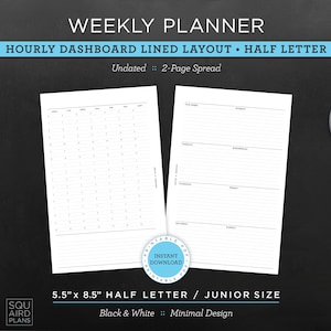 Undated Weekly Planner Printable • Hourly Dashboard Lined Layout • 5.5&quot; x 8.5&quot; Half Letter/Junior Size • Minimal Design • 2 Page (Download)