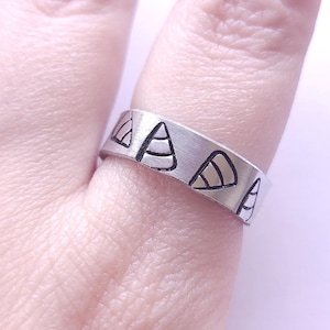 Hand Stamped Candy Corn Ring: Adjustable Aluminum Halloween Jewelry