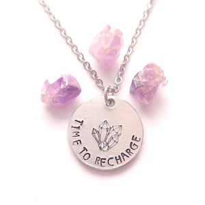 Time To Recharge Crystal Charm Necklace, Witch Pagan, Crystal Lover, 18&quot; Inch Stainless Steel Chain