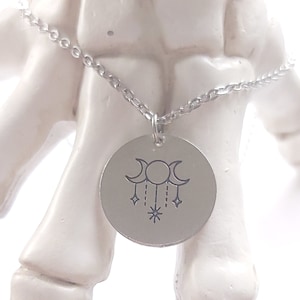 Triple Moon Hecate Lunar Charm Necklace, Witch Wicca Pagan Jewelry, Halloween, Moon Lover, 18&quot; Inch Stainless Steel Chain