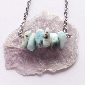 Larimar Chip Bar Necklace, Ocean Jewelry, Raw Gemstone Crystal, Mermaid, 18 Inch Stainless Steel