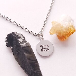 May include: A silver chain necklace with a silver pendant featuring a skull and crossbones design. The necklace also has a black obsidian arrowhead and a yellow citrine crystal attached.