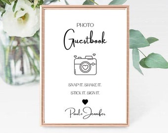 Editable Modern Boho Wedding Photo Guestbook Sign Template, Printable Photo Guest Book Sign For Wedding Table