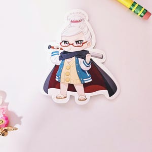 Pegatina de abuela anime, mujer psíquica de manga retro, vinilo brillante para portátil.