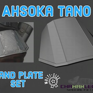 May include: A set of two gray plastic hand plates for cosplay or prop making. The plates are shaped like a trapezoid with rounded edges. The image also shows a close-up of the hand plate on a person's arm. The text "AHsoka TANO HAND PLATE SET" is visible in the image.