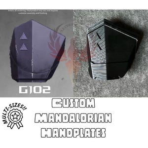 May include: Two 3D printed Mandalorian hand plates, one in a light purple color and one in black. The plates have a geometric design with two triangles on the front. The text "G102" is printed below the purple plate. The text "MULTI-SIZES!!" is printed in a circle with a star in the center. The text "CUSTOM MANDALORIAN HANDPLATES" is printed in bold letters below the plates.