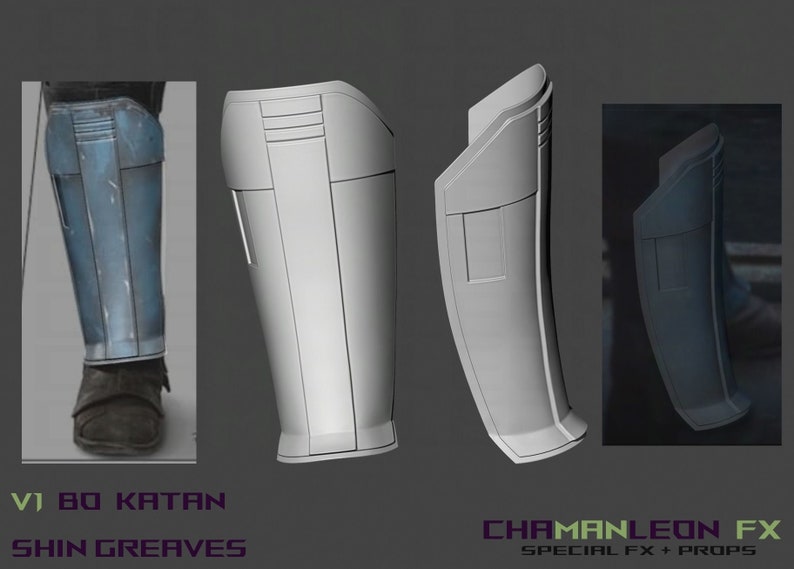 May include: A pair of gray shin guards with a textured surface and a rectangular design. The shin guards are labeled "V1 80 KATAN SHIN GREAVES" and "CHAPMANLEON FX SPECIAL FX + PROPS".