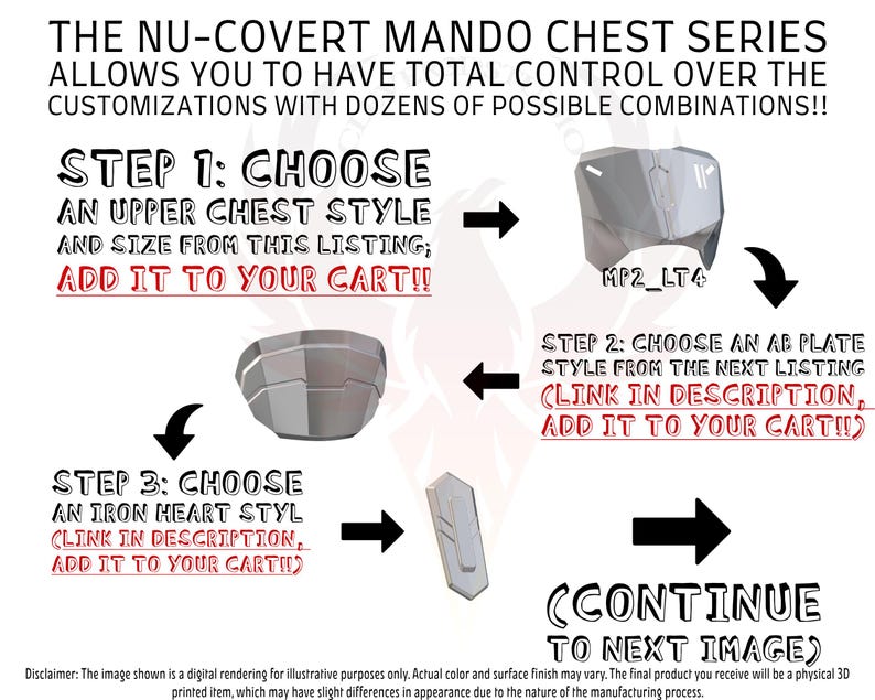 May include: A diagram showing the steps to customize a Mandalorian chest piece. The first step is to choose an upper chest style and size. The second step is to choose an ab plate style. The third step is to choose an iron heart style. The diagram includes a gray chest piece, a gray ab plate, and a gray iron heart piece.