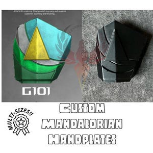 May include: A 3D printed Mandalorian handplate with a green, blue, and yellow design. The handplate is labeled "GIOI" and is available in multiple sizes. The image also shows a black 3D printed handplate.